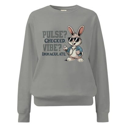 Gray sweatshirt with a cartoon rabbit and text on a white background