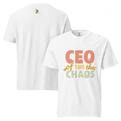 CEO of the Chaos” printed on a heavyweight cotton t-shirt in soft pastel ink, laid flat with a minimal lifestyle background.