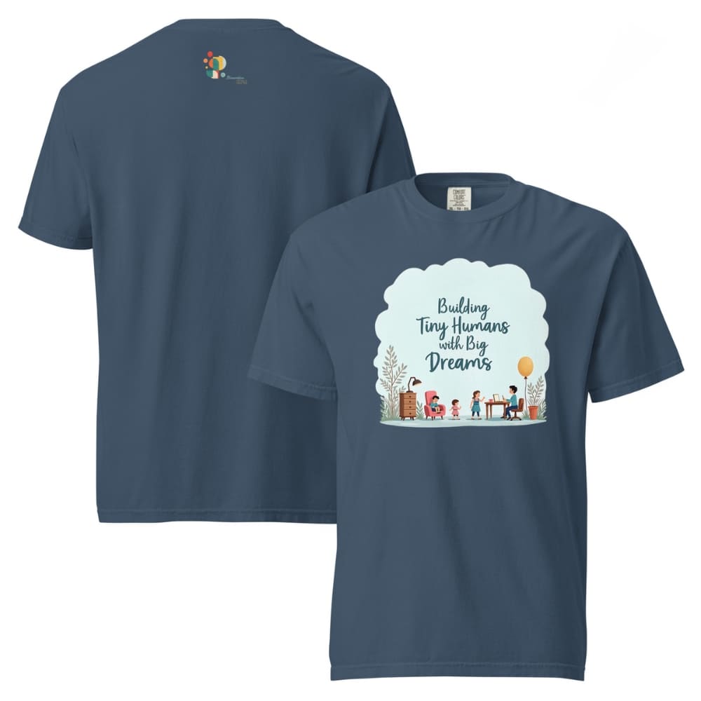 Illustrated t-shirt design with the quote "Building Tiny Humans with Big Dreams" surrounded by a family parenting scene