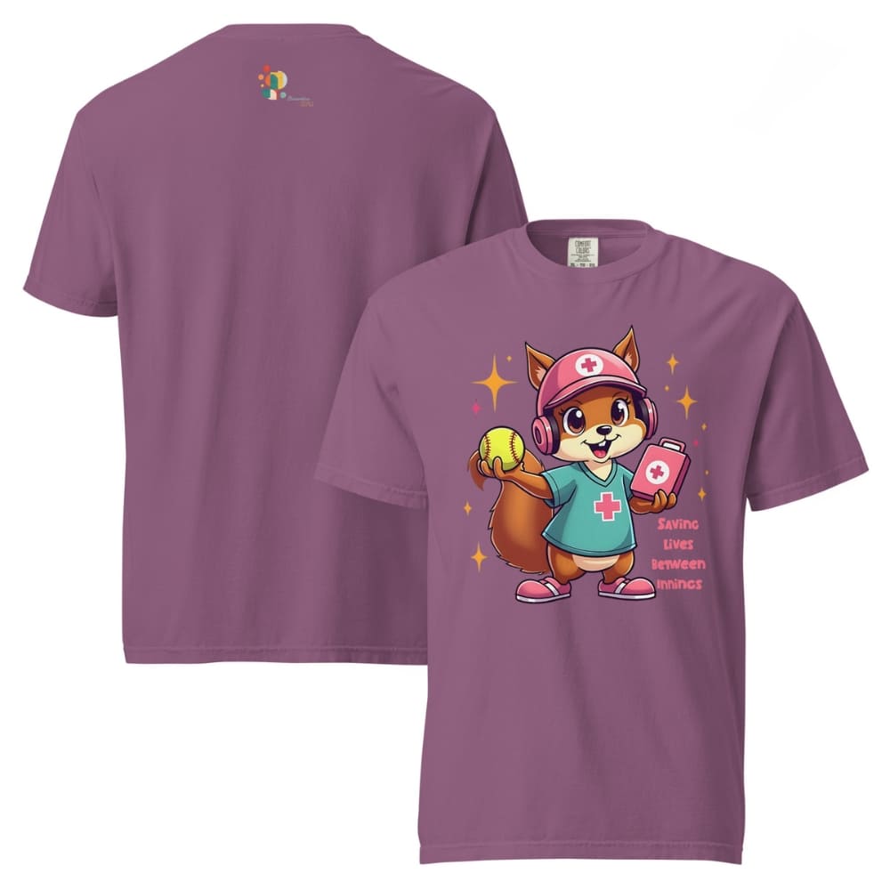 Cute cartoon nurse squirrel in scrubs and cap holding a softball and first aid kit with quote “Saving Lives Between Innings” – printed on garment-dyed heavyweight cotton shirt for nurse softball moms