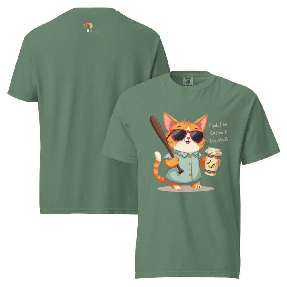 Cool cat with sunglasses holding a softball bat and coffee cup, beside text “Fueled by Coffee & Curveballs” – printed on soft heavyweight t-shirt for sporty moms