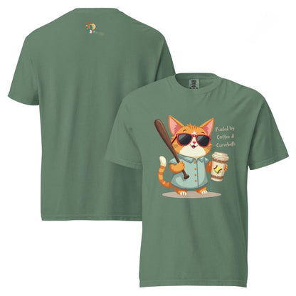 Cool cat with sunglasses holding a softball bat and coffee cup, beside text “Fueled by Coffee & Curveballs” – printed on soft heavyweight t-shirt for sporty moms