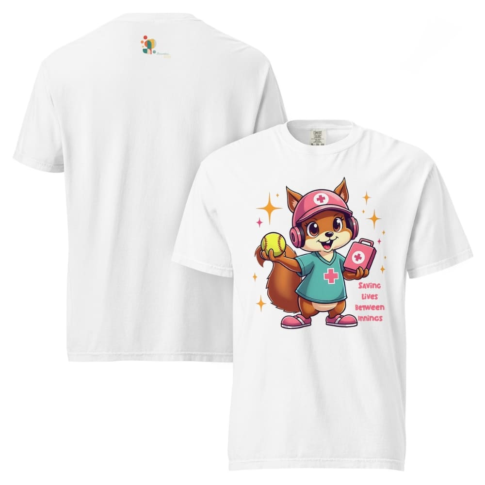 Cute squirrel nurse cartoon in scrubs, pink cap, and headset holding a softball and medical kit with the phrase “Saving Lives Between Innings” — printed on a heavyweight cotton t-shirt