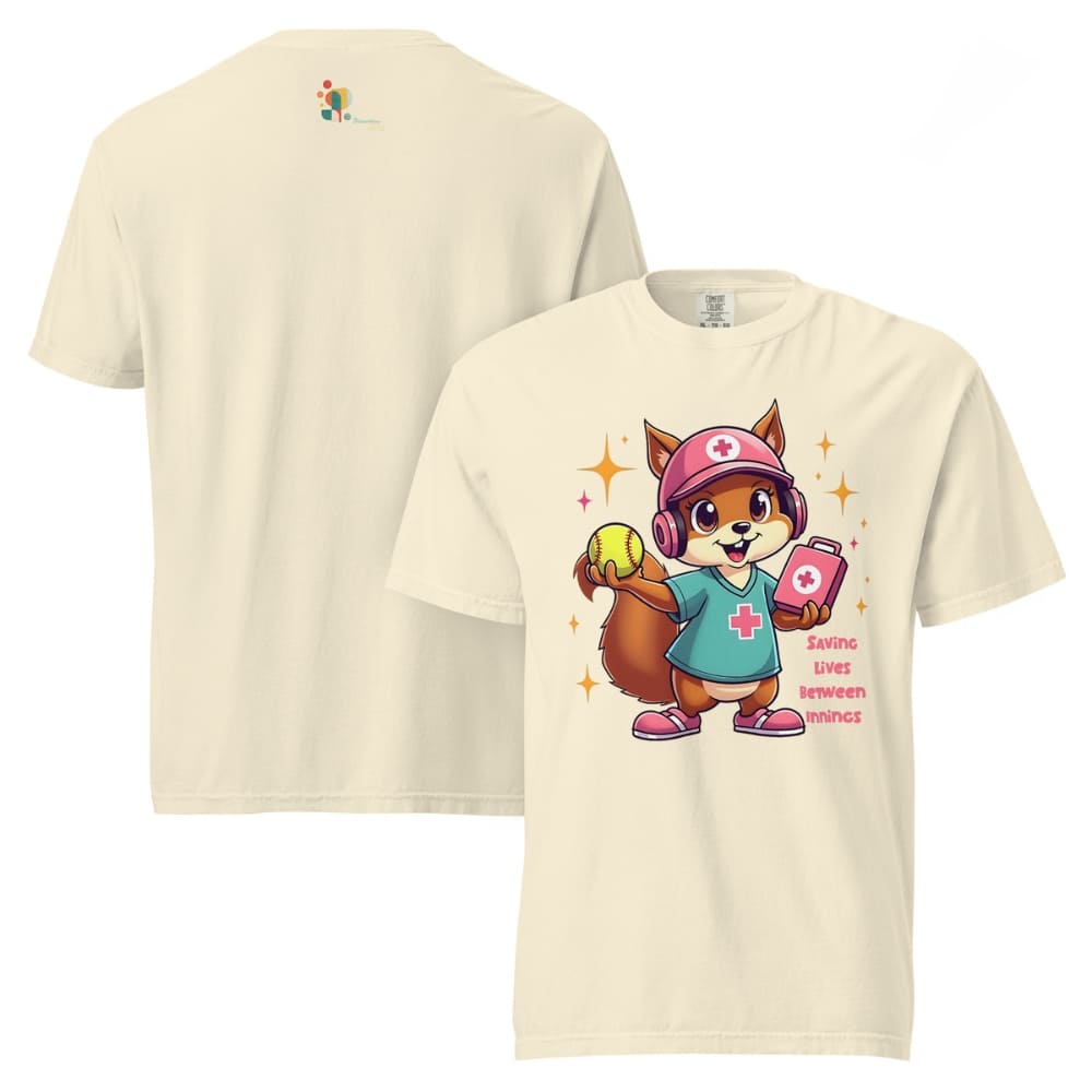 Cute squirrel nurse cartoon in scrubs, pink cap, and headset holding a softball and medical kit with the phrase “Saving Lives Between Innings” — printed on a heavyweight cotton t-shirt