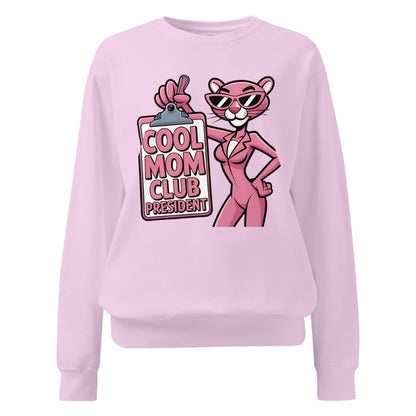 Pink sweatshirt with a cartoon character and 'Cool Mom Club President' text on a white background