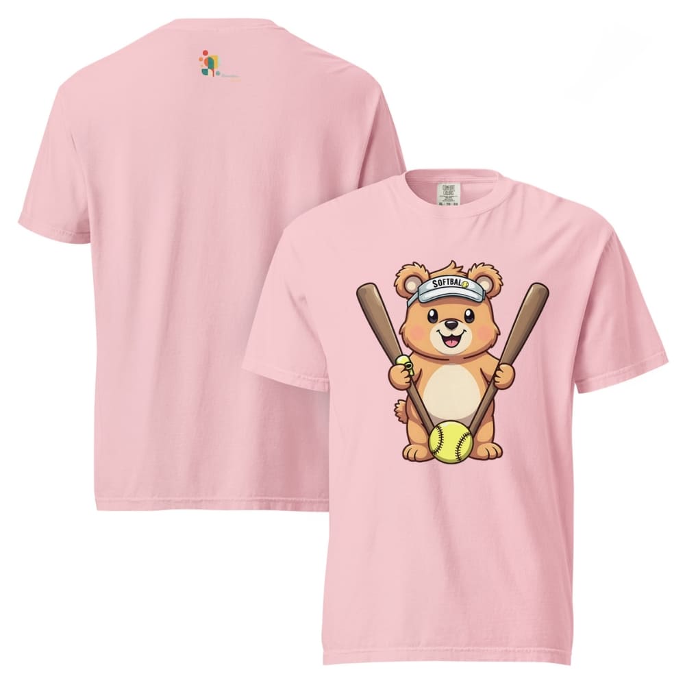 Cartoon bear holding softball bats and ball wearing a visor labeled “Softball” – printed on garment-dyed heavyweight t-shirt for sporty moms
