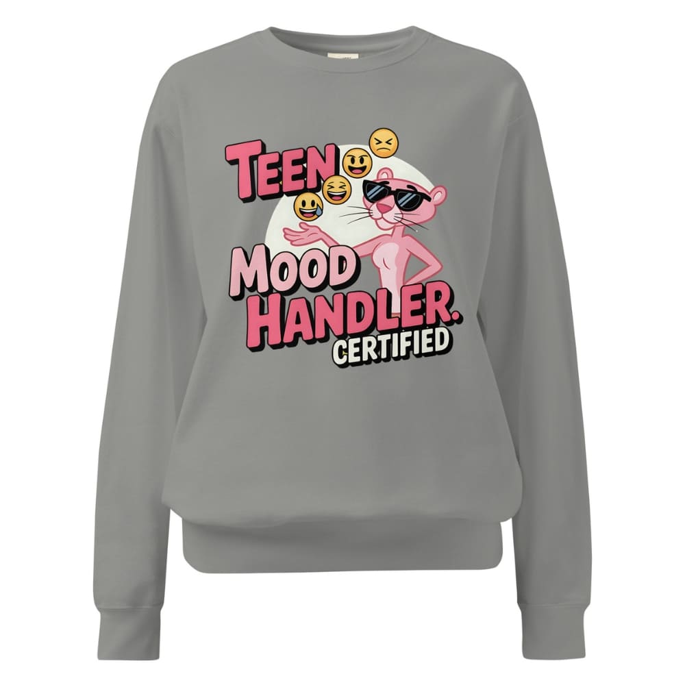 Gray sweatshirt with a graphic design featuring text and a cartoon character on a white background