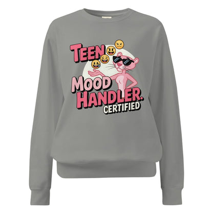 Gray sweatshirt with a graphic design featuring text and a cartoon character on a white background