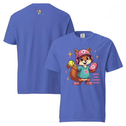 Cute squirrel nurse cartoon in scrubs, pink cap, and headset holding a softball and medical kit with the phrase “Saving Lives Between Innings” — printed on a heavyweight cotton t-shirt