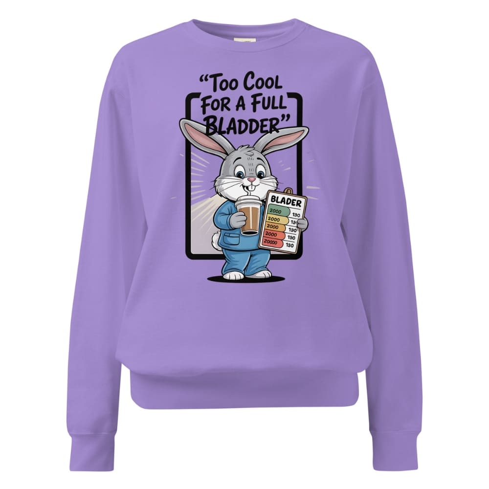 Purple sweatshirt with cartoon character holding a beer and a bladder control chart, text 'Too Cool For a Full Bladder'.