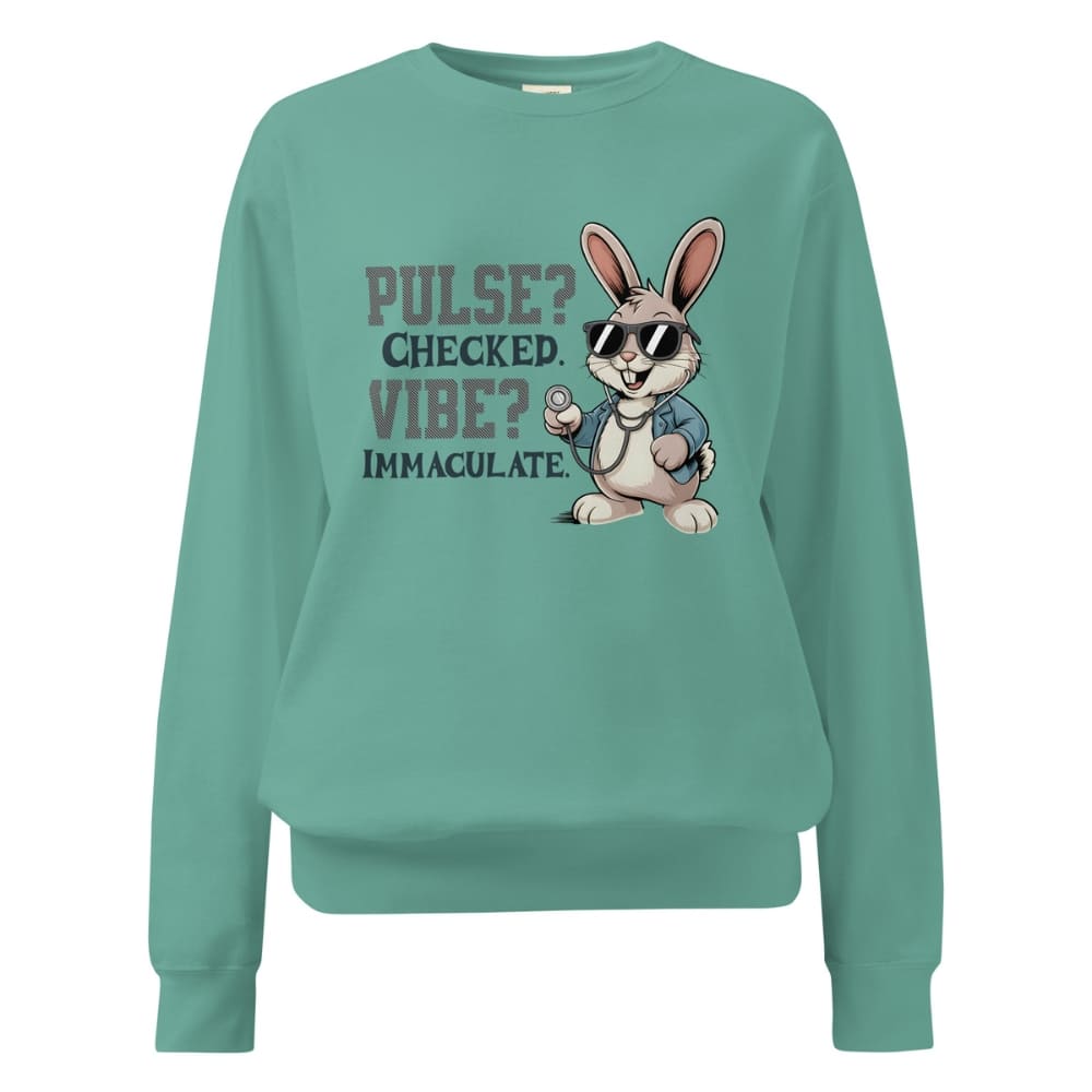 Teal sweatshirt with a cartoon rabbit and text on a white background