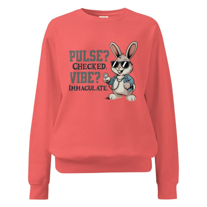 Coral sweatshirt with a cartoon rabbit and text on a white background