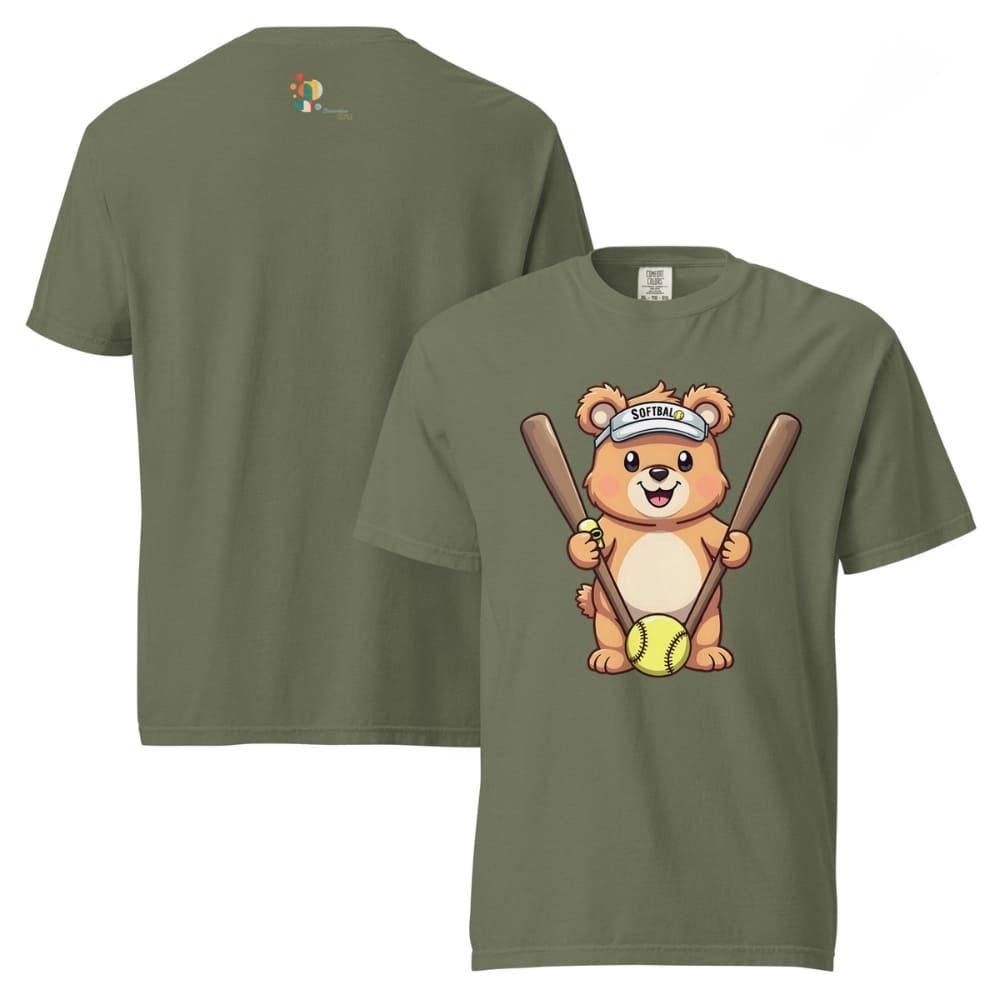 Cartoon bear holding softball bats and ball wearing a visor labeled “Softball” – printed on garment-dyed heavyweight t-shirt for sporty moms