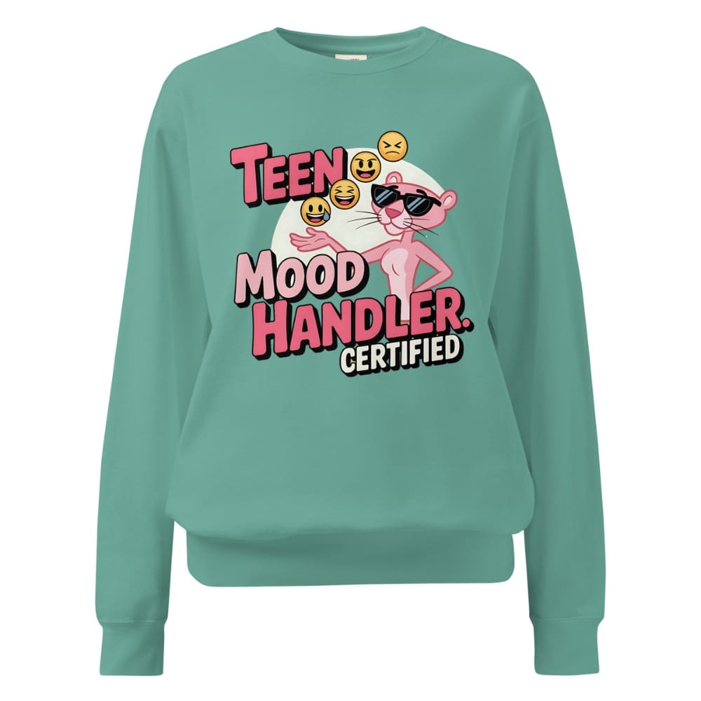 Teal sweatshirt with a graphic design of a pink panther and text on a white background
