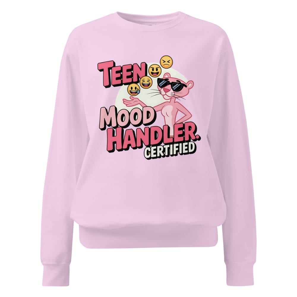 Pink sweatshirt with 'Teen Mood Handler Certified' text and cartoon character on a white background