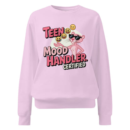 Pink sweatshirt with 'Teen Mood Handler Certified' text and cartoon character on a white background