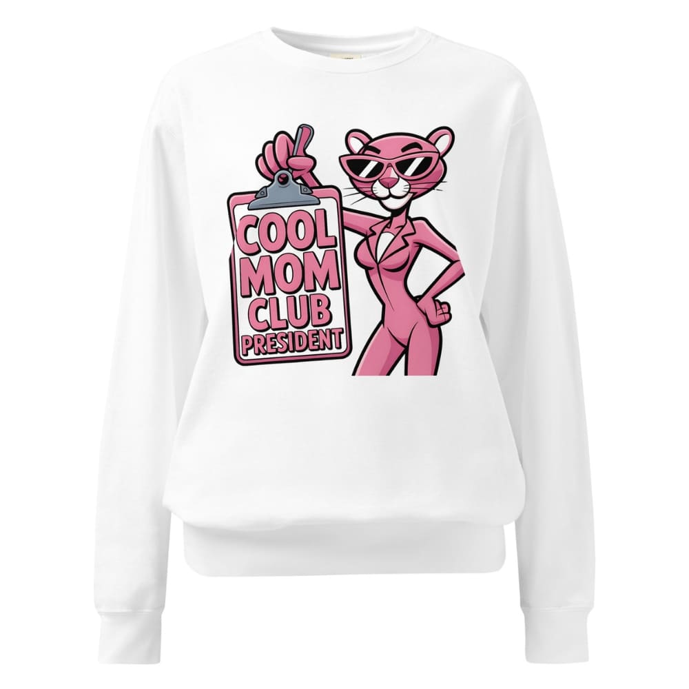 White sweatshirt with a pink panther graphic and 'Cool Mom Club President' text on a white background