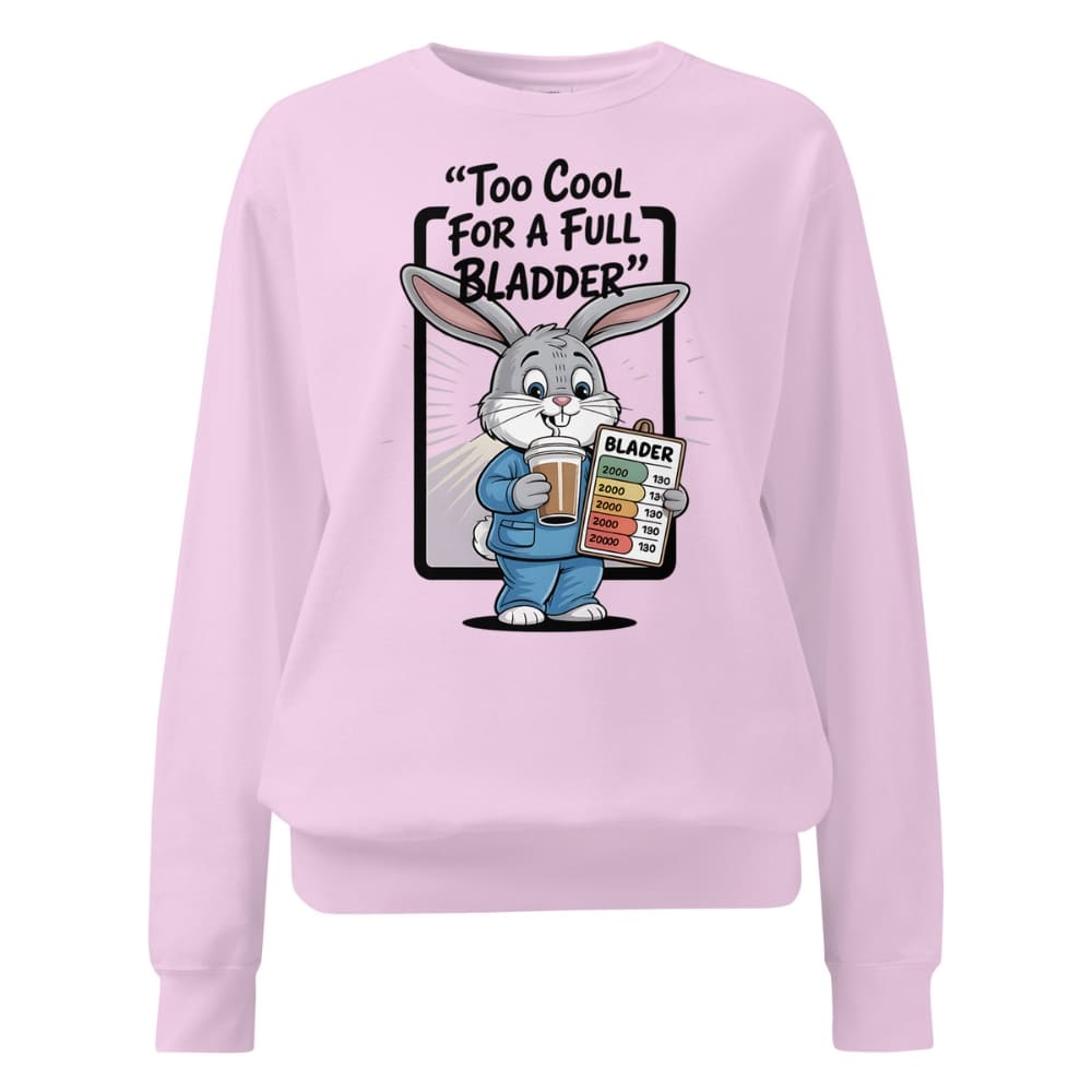 Pink sweatshirt with cartoon character holding a beer and text 'Too Cool For A Full Bladder' on a white background