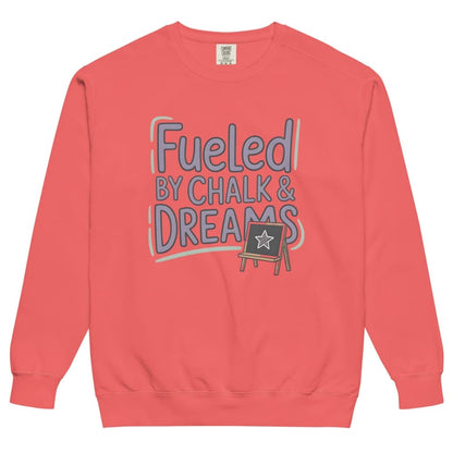 Fueled by Chalk & Dreams printed design on a vintage-style garment-dyed sweatshirt with chalkboard illustration – soft fleece ideal for teachers
