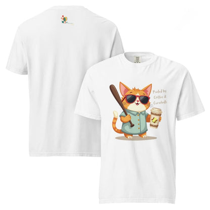 Cool cat with sunglasses holding a softball bat and coffee cup, beside text “Fueled by Coffee & Curveballs” – printed on soft heavyweight t-shirt for sporty moms