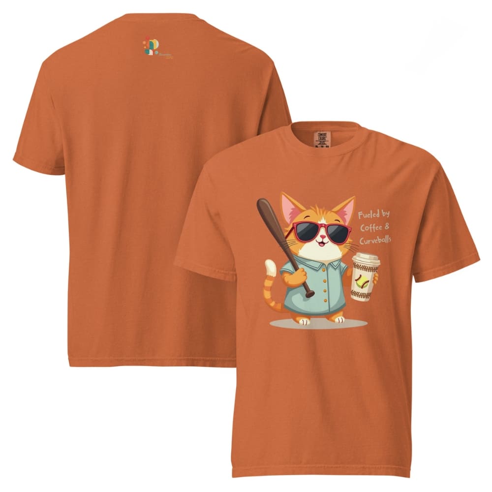 Cool cat with sunglasses holding a softball bat and coffee cup, beside text “Fueled by Coffee & Curveballs” – printed on soft heavyweight t-shirt for sporty moms