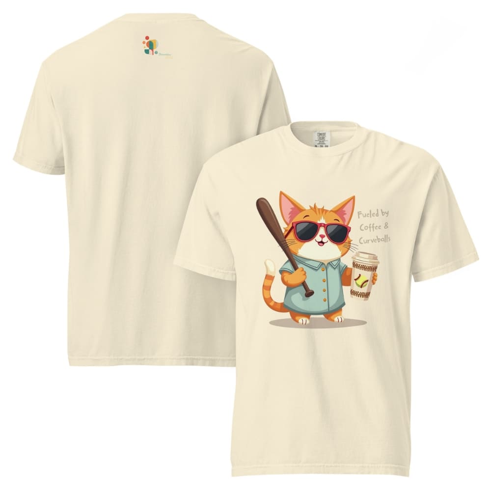 Cool cat with sunglasses holding a softball bat and coffee cup, beside text “Fueled by Coffee & Curveballs” – printed on soft heavyweight t-shirt for sporty moms