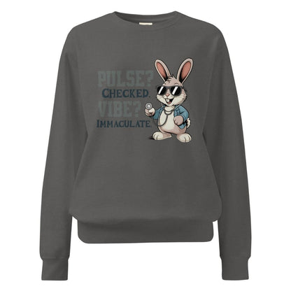 Gray sweatshirt with a cartoon rabbit design and text on a white background