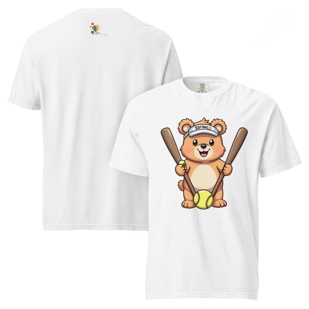 Cartoon bear holding softball bats and ball wearing a visor labeled “Softball” – printed on garment-dyed heavyweight t-shirt for sporty moms