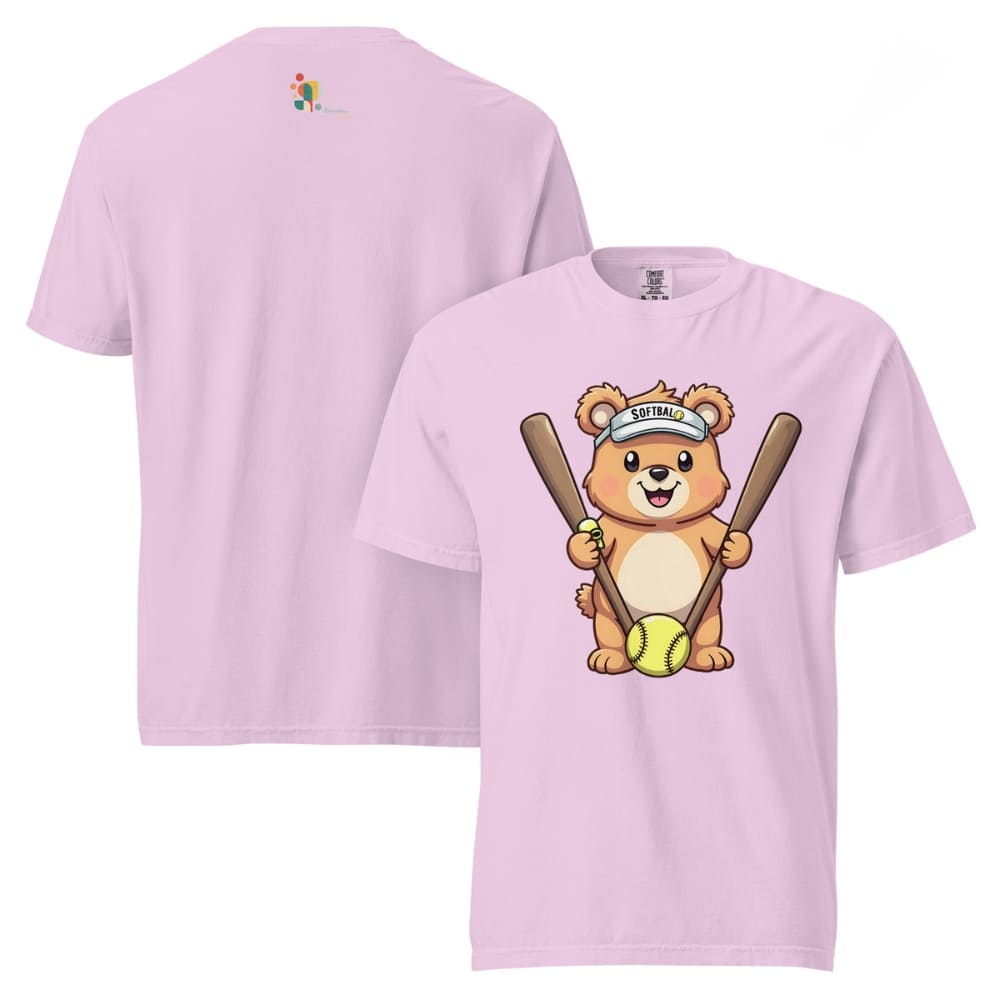 Cartoon bear holding softball bats and ball wearing a visor labeled “Softball” – printed on garment-dyed heavyweight t-shirt for sporty moms