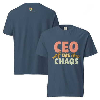 CEO of the Chaos” printed on a heavyweight cotton t-shirt in soft pastel ink, laid flat with a minimal lifestyle background.