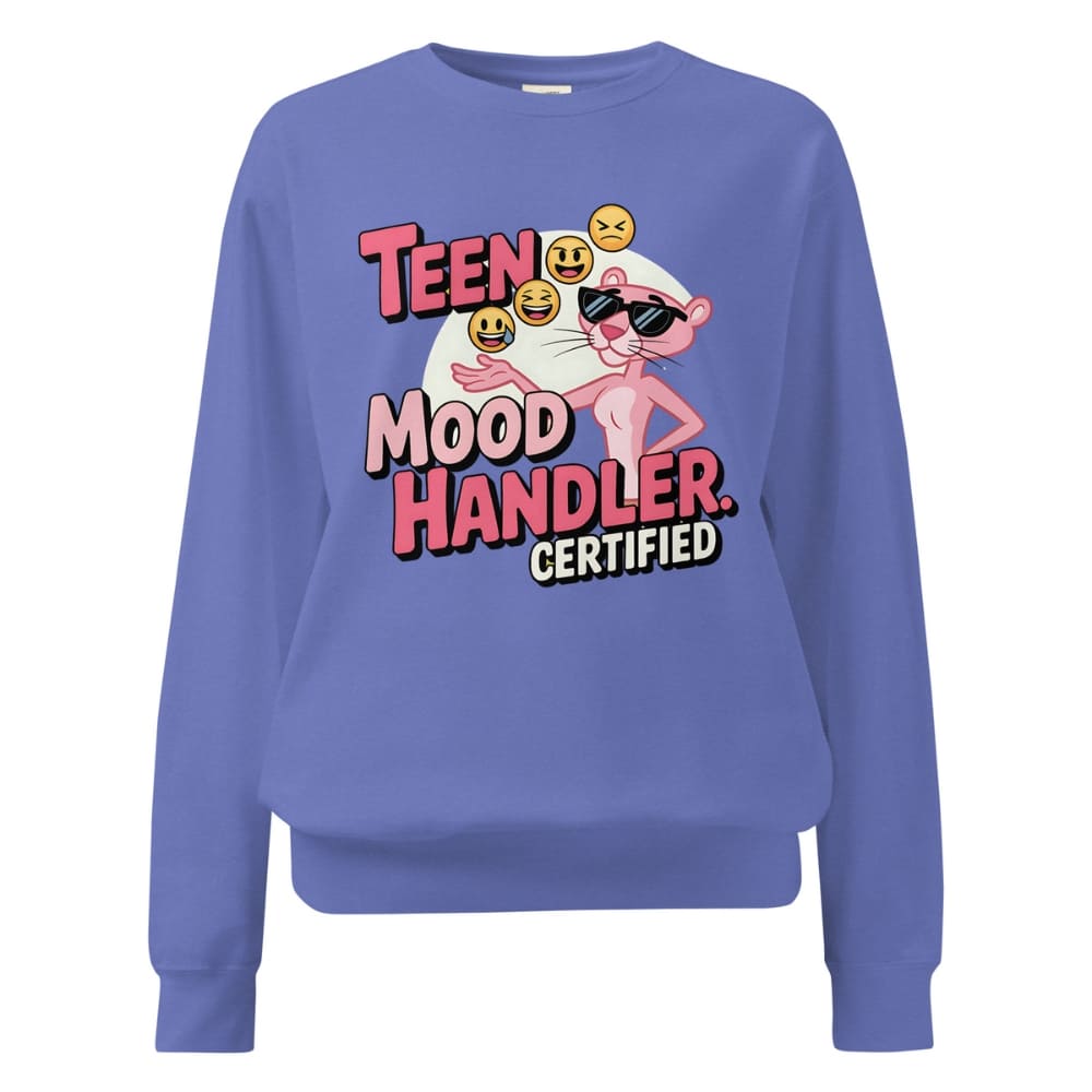 Purple sweatshirt with graphic design and text 'TEEN MOOD HANDLER CERTIFIED' on a white background
