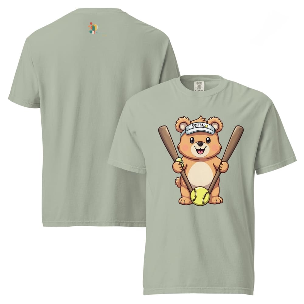 Cartoon bear holding softball bats and ball wearing a visor labeled “Softball” – printed on garment-dyed heavyweight t-shirt for sporty moms
