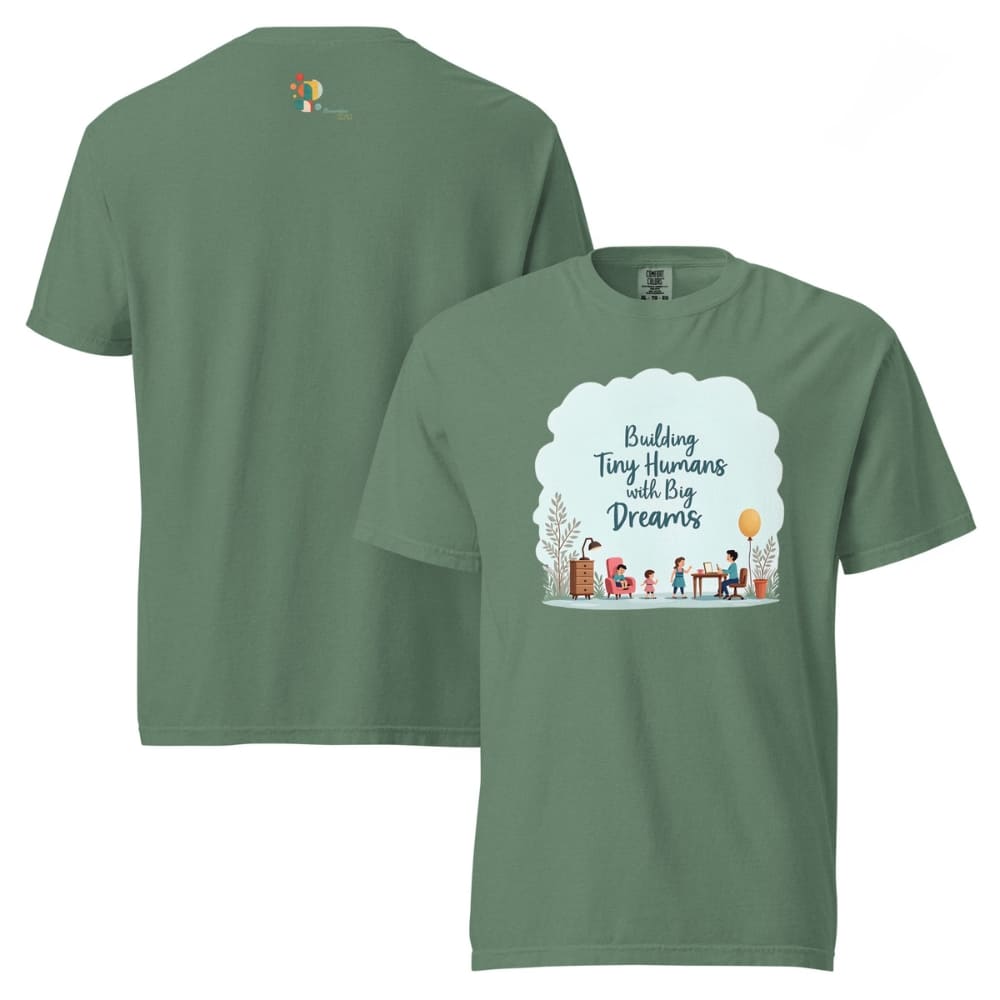 Illustrated t-shirt design with the quote "Building Tiny Humans with Big Dreams" surrounded by a family parenting scene