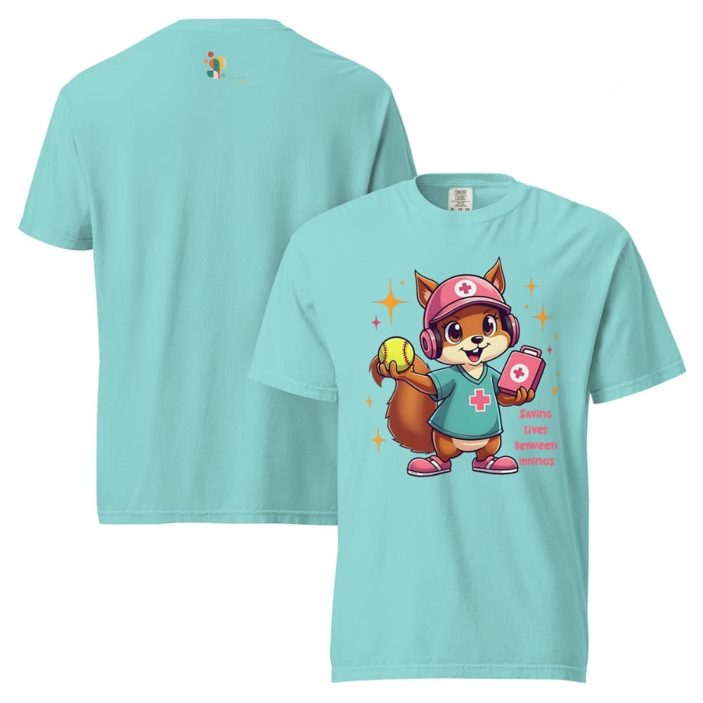 Cute squirrel nurse cartoon in scrubs, pink cap, and headset holding a softball and medical kit with the phrase “Saving Lives Between Innings” — printed on a heavyweight cotton t-shirt