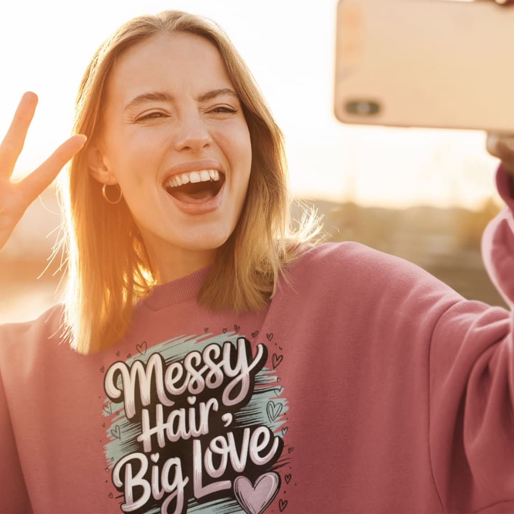 Pastel brushstroke design with “Messy Hair, Big Love” printed text on a vintage garment-dyed sweatshirt – cozy fleece for moms and creators