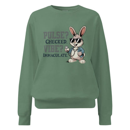 Green sweatshirt with a cartoon rabbit and text on a white background