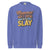 “Mommin' Ain’t Easy But I Slay” retro-style DTG printed design in peach, blue, and yellow on vintage garment-dyed fleece sweatshirt