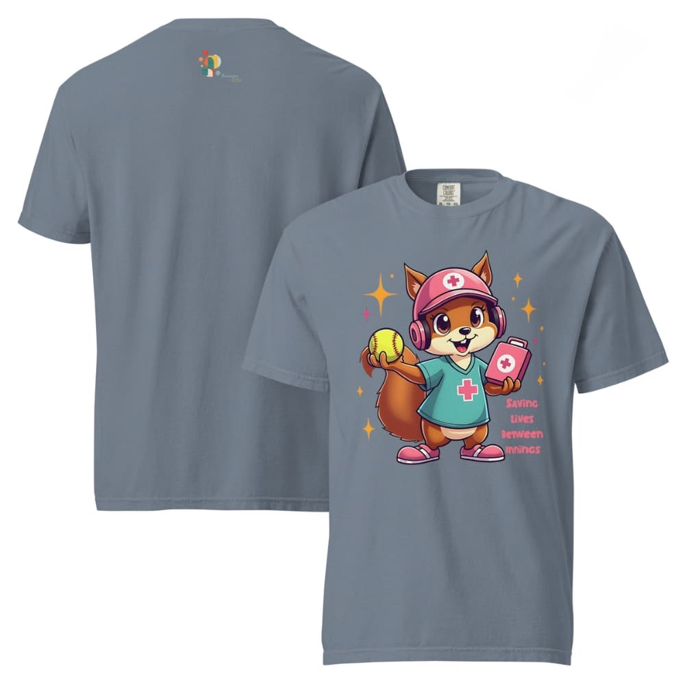 Cute squirrel nurse cartoon in scrubs, pink cap, and headset holding a softball and medical kit with the phrase “Saving Lives Between Innings” — printed on a heavyweight cotton t-shirt