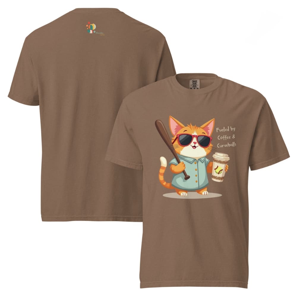 Cool cat with sunglasses holding a softball bat and coffee cup, beside text “Fueled by Coffee & Curveballs” – printed on soft heavyweight t-shirt for sporty moms