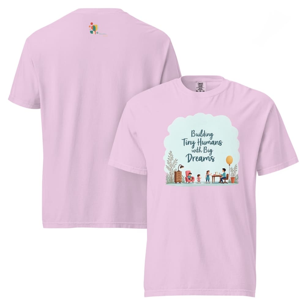 Illustrated t-shirt design with the quote "Building Tiny Humans with Big Dreams" surrounded by a family parenting scene
