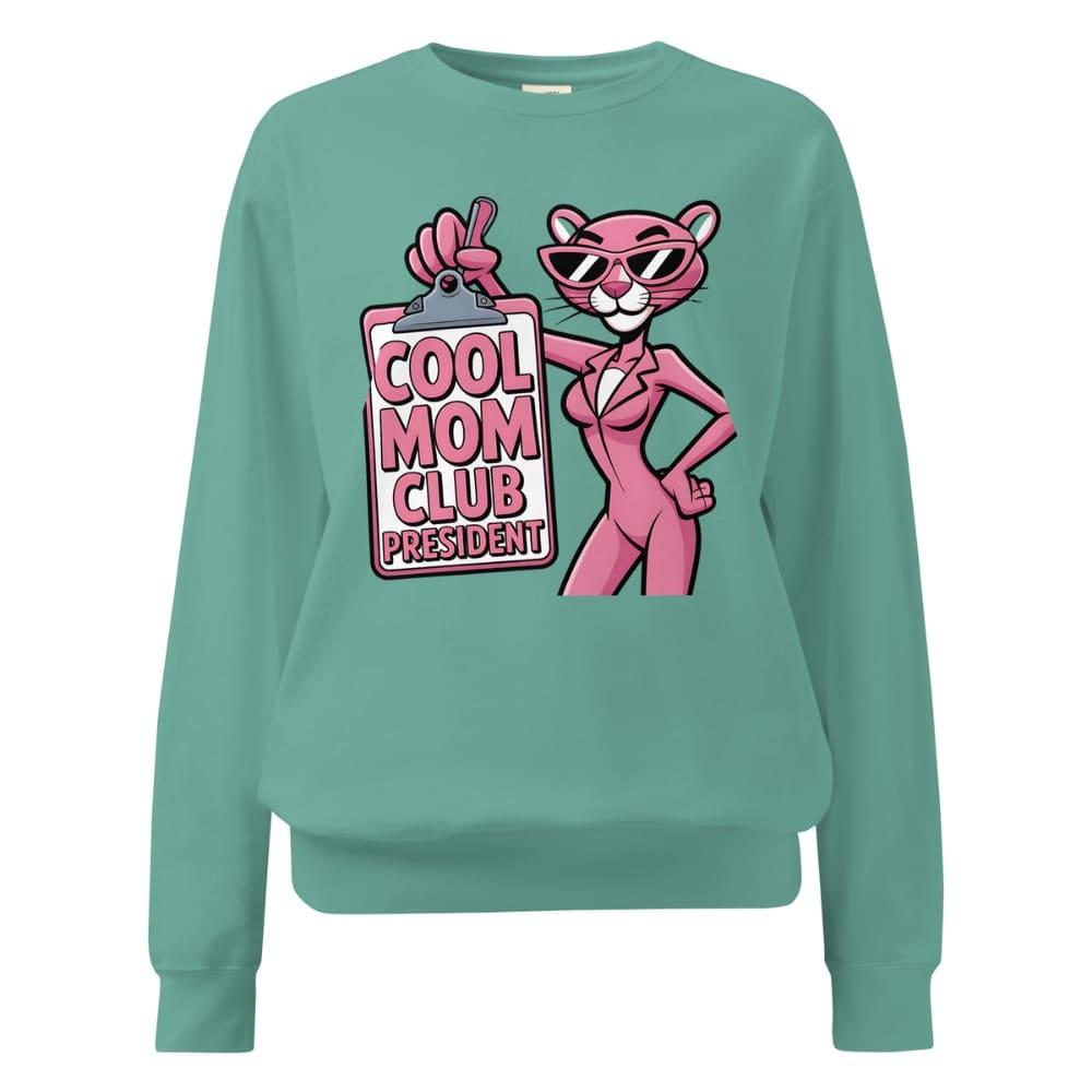 Teal sweatshirt with pink panther graphic and 'Cool Mom Club President' text on a white background
