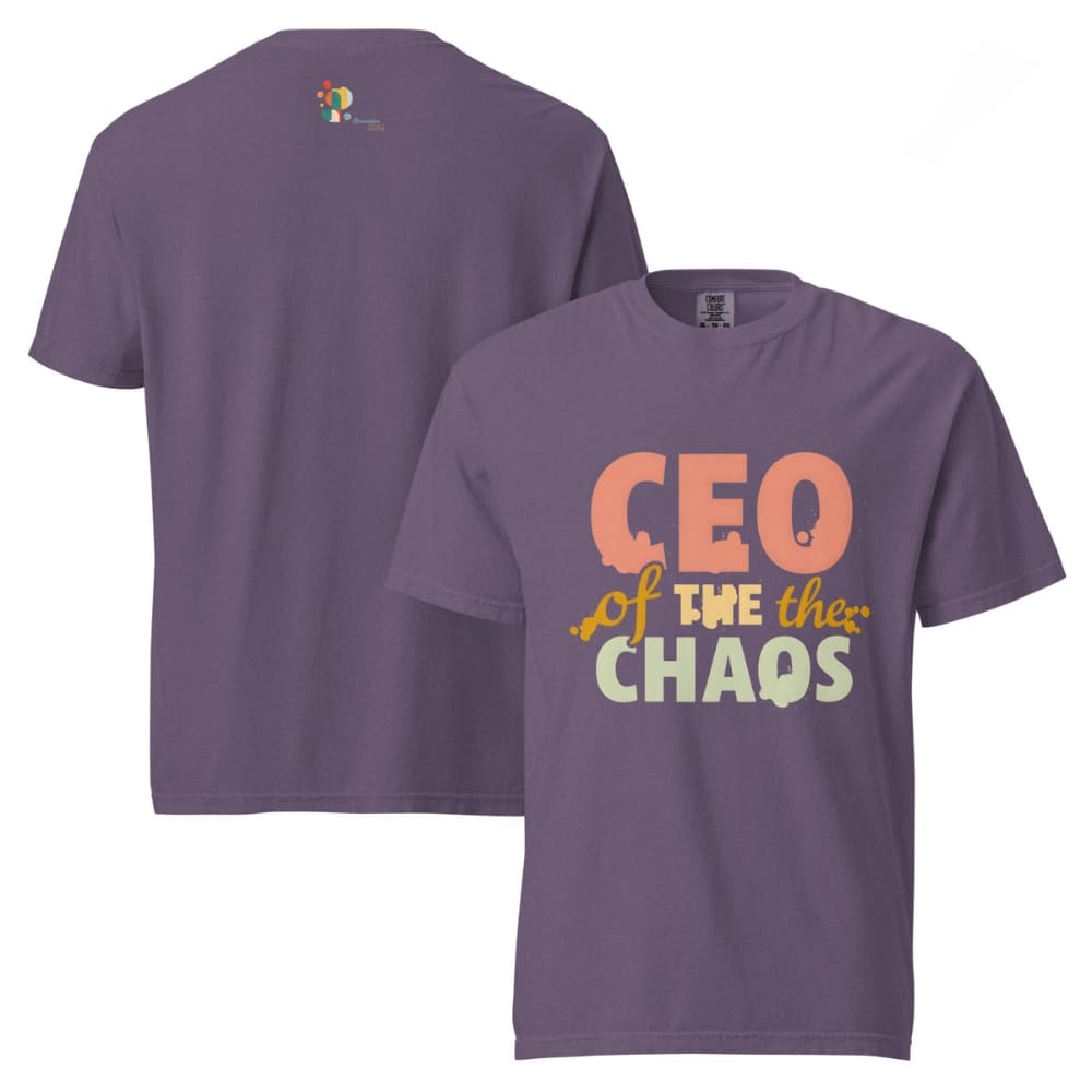 CEO of the Chaos” printed on a heavyweight cotton t-shirt in soft pastel ink, laid flat with a minimal lifestyle background.