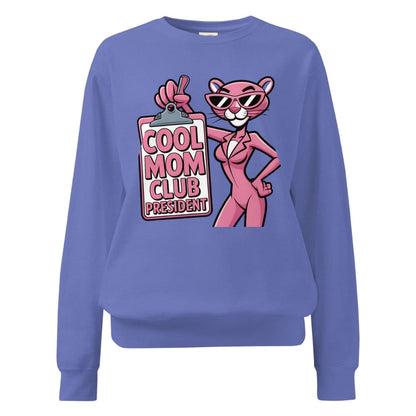 Blue sweatshirt with pink panther graphic and 'Cool Mom Club President' text on a white background