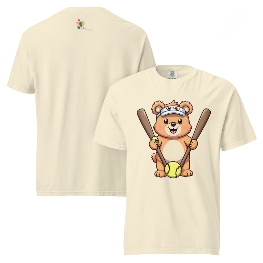 Cartoon bear holding softball bats and ball wearing a visor labeled “Softball” – printed on garment-dyed heavyweight t-shirt for sporty moms