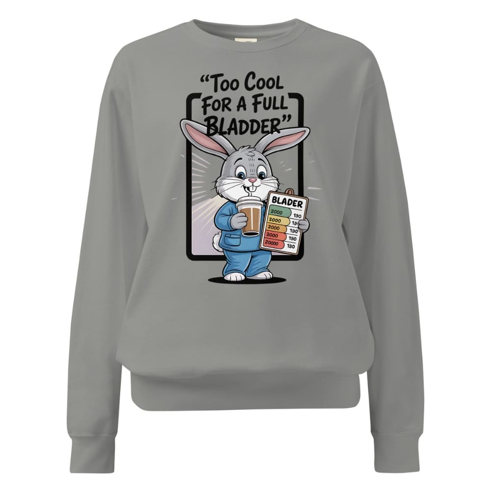 Gray sweatshirt with cartoon rabbit holding a beer and sign, on a white background