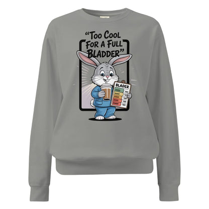 Gray sweatshirt with cartoon rabbit holding a beer and sign, on a white background