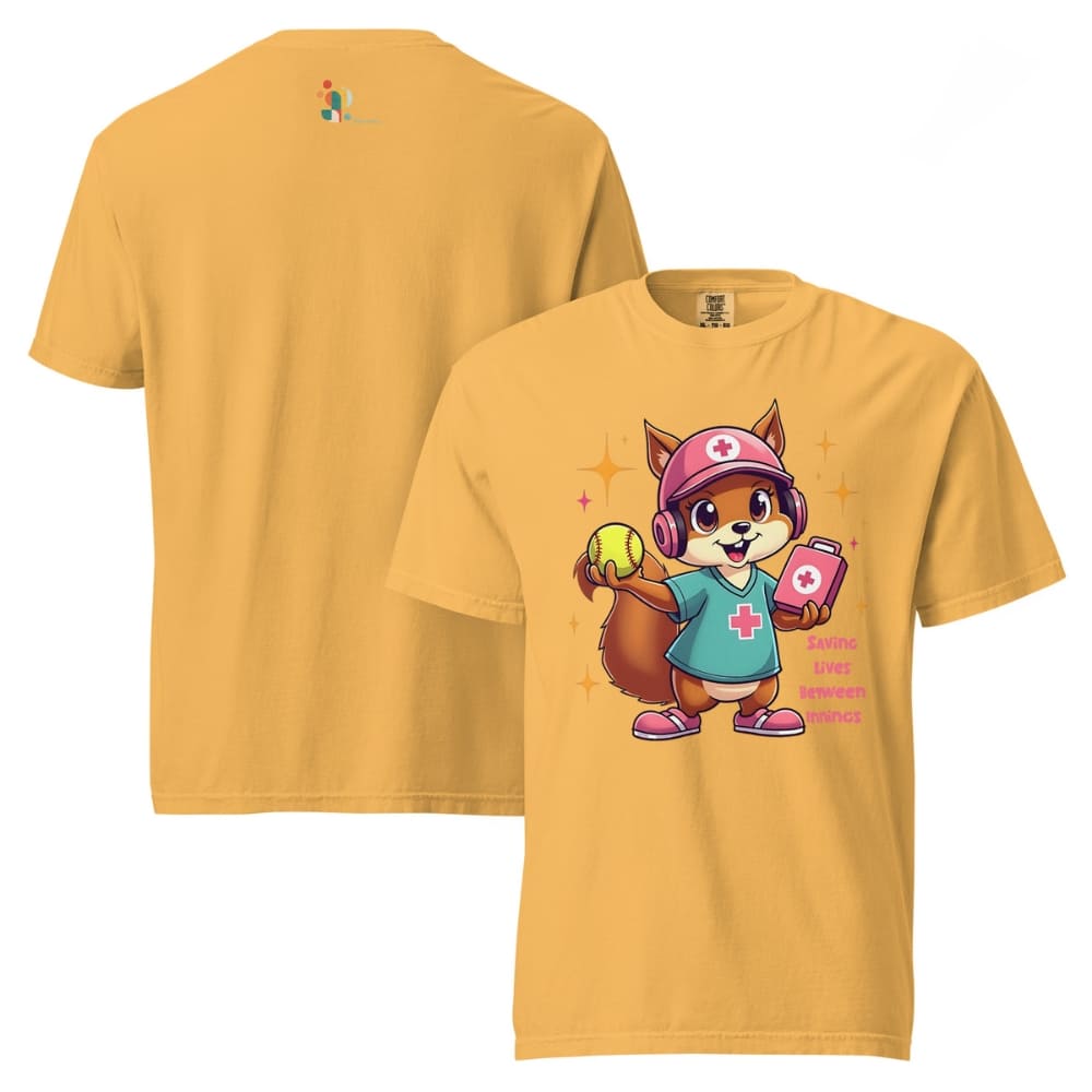 Cute squirrel nurse cartoon in scrubs, pink cap, and headset holding a softball and medical kit with the phrase “Saving Lives Between Innings” — printed on a heavyweight cotton t-shirt