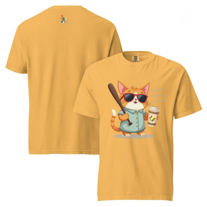 Cool cat with sunglasses holding a softball bat and coffee cup, beside text “Fueled by Coffee & Curveballs” – printed on soft heavyweight t-shirt for sporty moms