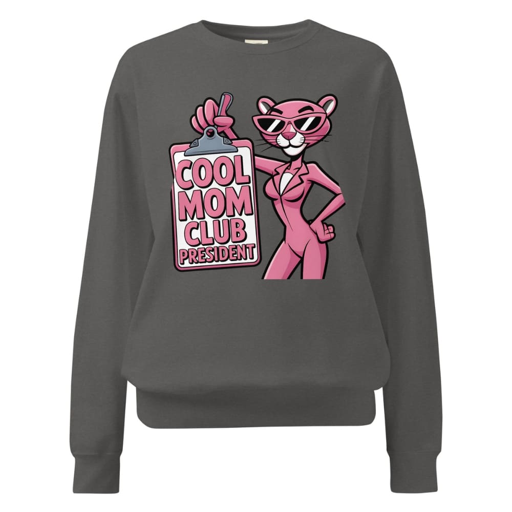 Gray sweatshirt with a pink panther graphic and 'Cool Mom Club President' text on a white background
