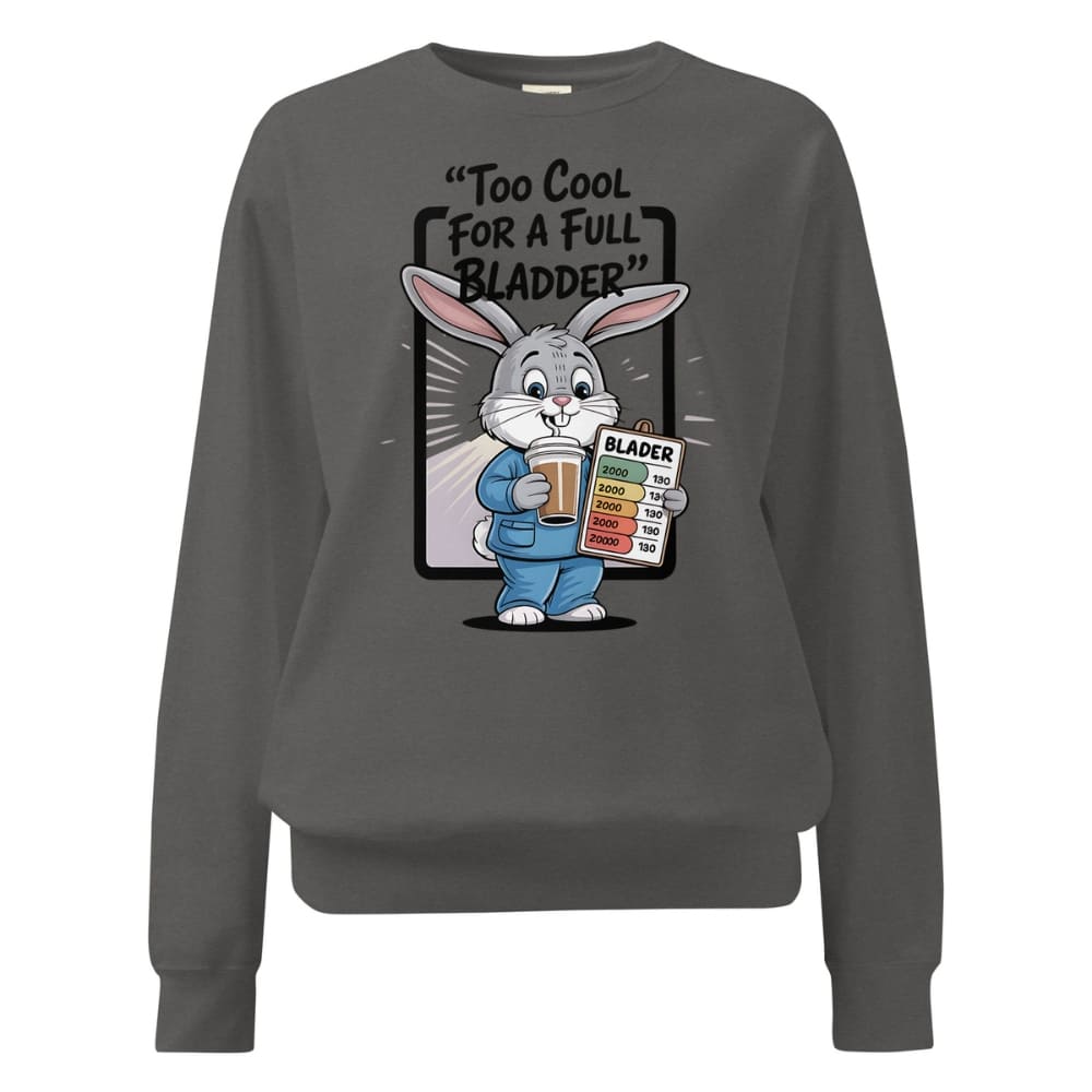 Gray sweatshirt with cartoon rabbit holding a beer and urine test strip graphic on a white background